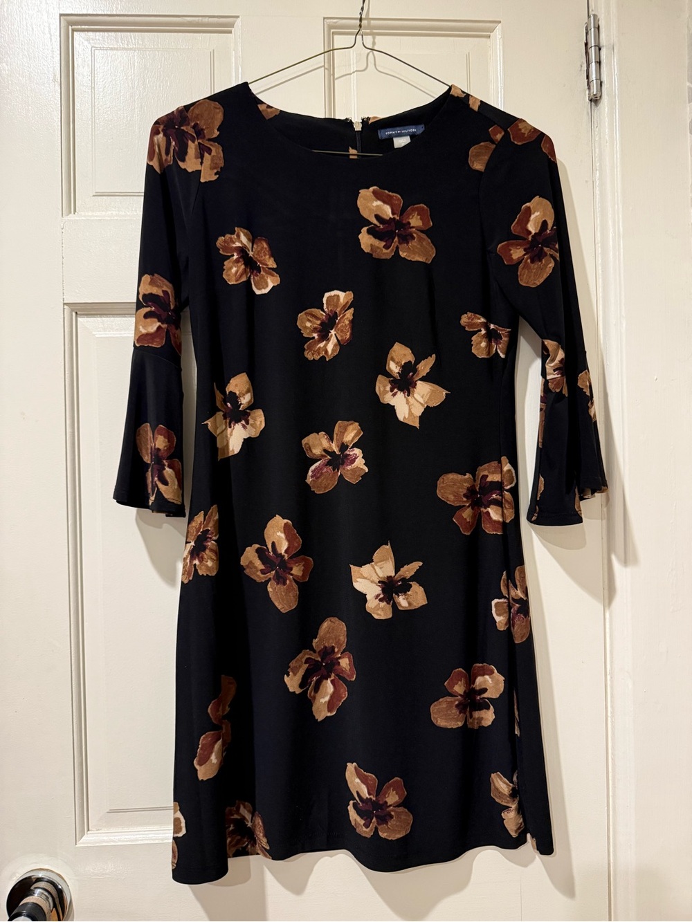 Tommy Hilfiger Bell Sleeve Black Dress with Brown Floral Print